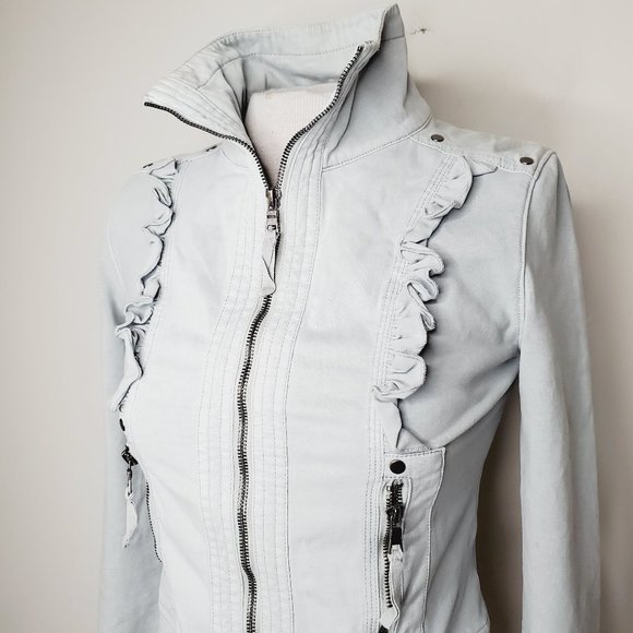 ANTHRO MARRAKECH Blue Ruffle Boho Moto Jacket - Picture 4 of 9